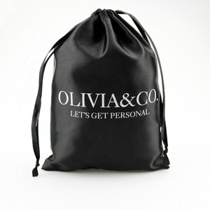 Bolsa de Satén Negra con Cordón, Bolsa de Seda para Guardar Cabello con Logotipo - Product Image 1
