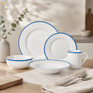 Service de vaisselle de luxe en porcelaine blanche nordique européenne à motif végétal, bord large rouge et bleu, empilable, pour hôtels et restaurants commerciaux - Product Image 1