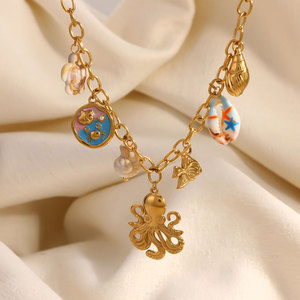 สร้อยคอจี้แฟชั่นฮาวายฤดูร้อน สร้อยคอเหล็กกล้าไร้สนิม 316L เครื่องประดับชุบทอง 14k 18k PVD ลายปลาหมึกทะเลสำหรับผู้หญิง - Product Image 4