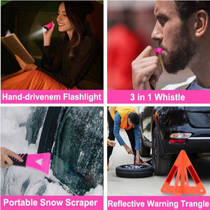 Kit d'urgence routière rose pour voiture avec câbles de démarrage, corde de <span class=keywords><strong>remorquage</strong></span>, fusée de signalisation LED et sifflets – Trousse d'outils de sécurité d'urgence pour femmes - Product Image 4