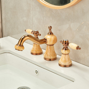 <span class=keywords><strong>Robinet</strong></span> de lavabo de salle de bain en laiton doré rose européen avec veinures de jade jaune-vert, trois trous, trou moyen de huit pouces - Product Image 2