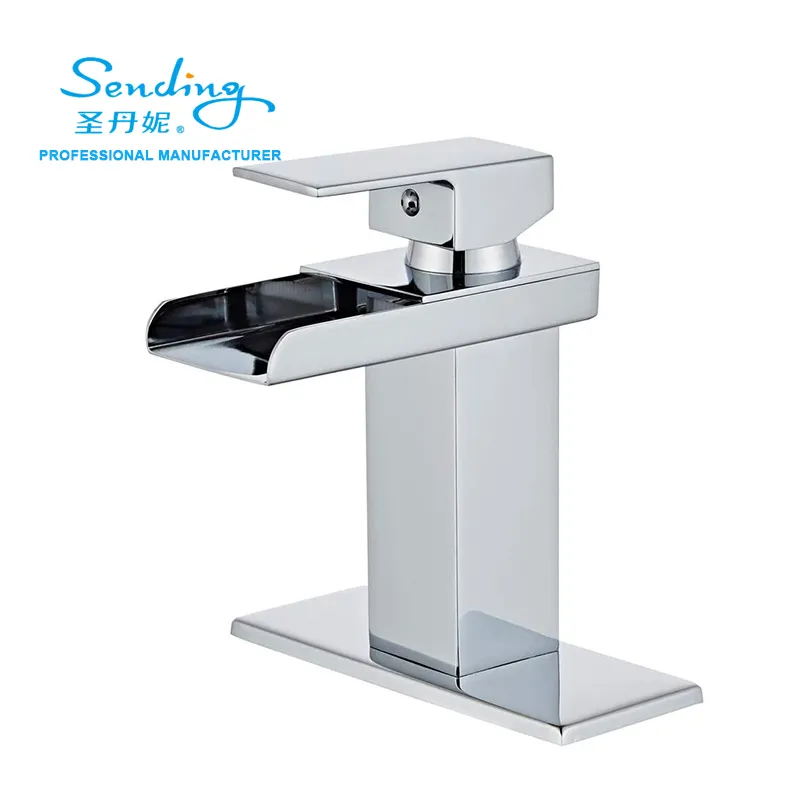 Stainless steel Square Single Handle Ceramic Waterfall Washing Basin Sink Faucet with plate
