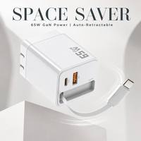 Chargeur rapide GaN 65W avec câble rétractable intégré, adaptateur secteur double port pour téléphone portable et ordinateur