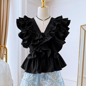 Blouse décontractée et mignonne à volants, couleur unie, style champignon noir, pour le commerce transfrontalier, style pastoral - Product Image 4