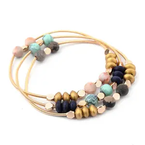 Wholesale Fashion Jewelry DIY Colored Wooden Beads Natural Stone Bracelet Gold Metal Beads Bracelet For Women