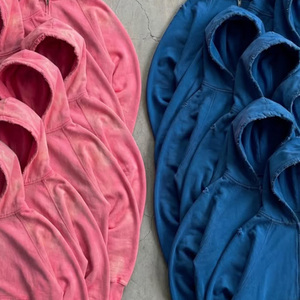 Sweat à capuche en coton peigné 100% épais bleu foncé, effet délavé soleil et vieilli, ultra confortable, pour tenues assorties streetwear d'extérieur - Product Image 1