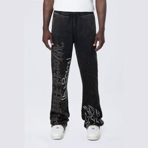 Pantalones de chándal casuales de algodón y poliéster con efecto desgastado, estilo vintage, con pedrería y lavado ácido, de forro polar negro apilado para streetwear. - Product Image 1