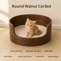 Lit pour chat rond en noyer, en bois courbé, avec entrée frontale basse, maisonnette confortable en forme de baril pour chats d'intérieur, avec coussin en peluche, style moderne
