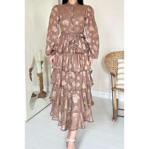 Vestido de chifón translúcido con estampado floral, cuello redondo, cintura alta, línea A, a rayas, con volantes, estilo casual para uso diario, venta al por mayor - Product Image 2