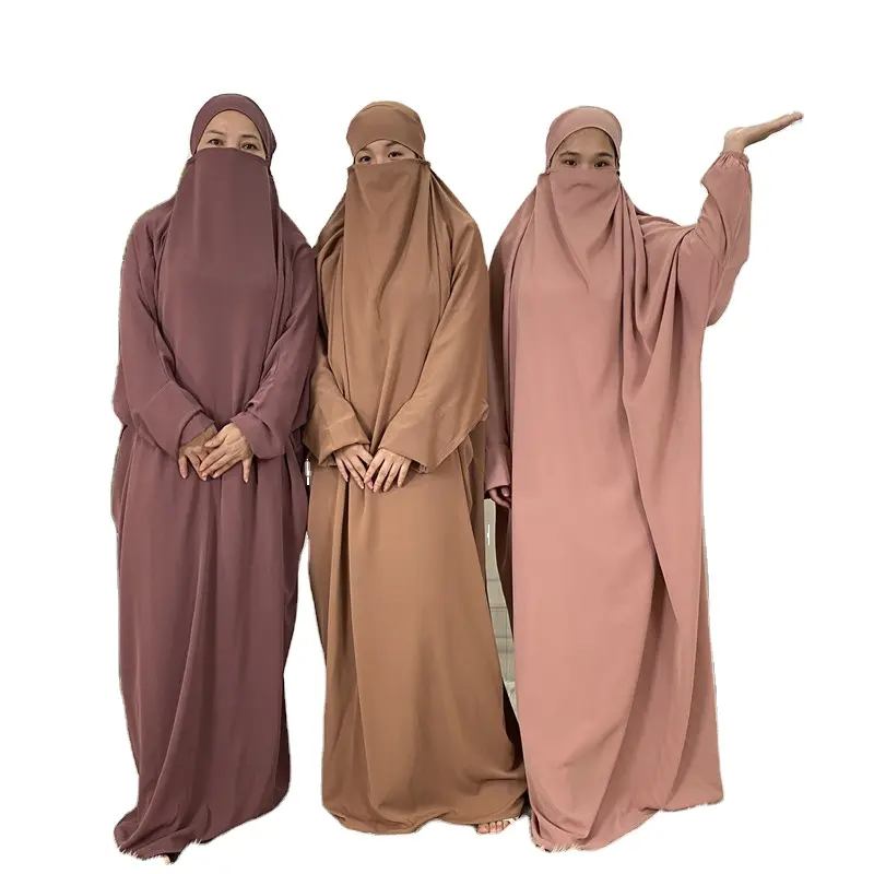 Ả Rập Abaya Burqa Hồi Giáo Abaya Ăn Mặc Đầy Đủ Bìa Màu Rắn Hai Cái Đặt Kimar Jilbab Cho Phụ Nữ Hồi Giáo Dubai
