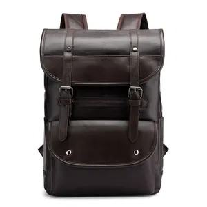 versatile simple unique big casual men vintage travel pu leather backpack shoulder