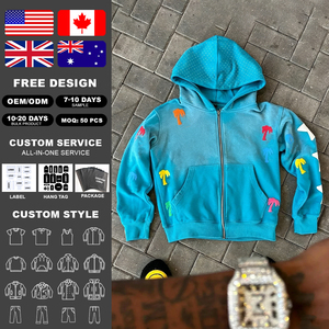 OEM Custom High Quality Distressed Boxy Rhinestone 500 Gsm Heavyweight Oversized Acid Wash <b>Zip</b> 3D Puff Printing Men's <b>Hooded</b> - Product Image 2
