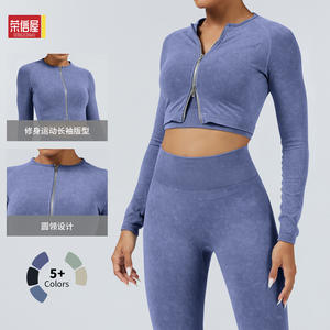 Ensemble de sport transfrontalier pour femme : Legging de yoga taille haute sans couture et haut court à manches longues, couleur unie, côtelé, pour le fitness - Product Image 3
