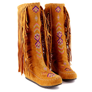 Botas Bordadas com Franjas em Veludo Fosco, Cano Alto e Salto Baixo, Botas de Lazer para Mulheres - Product Image 2