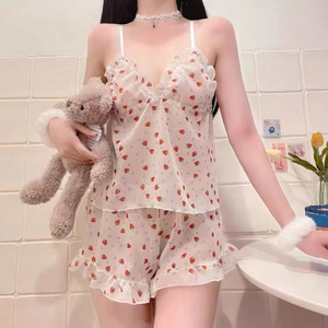 Sexy strawberry chiffon lingerie set for young girls, sweet and cute two-piece loungewear, see-through. - Product Image 1