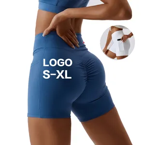 Custom Logo Quick Drying Nude Feel Sexy Hip Lifting Pocket Running Fitness Cross Waist Tight Sports Yoga Shorts For Women