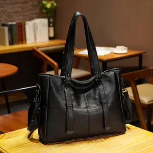 2024 European And American Luxury Women Single Shoulder Leather Black Tote Hand Bags Large Capacity Ladies Unique Handbag Set