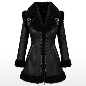 <b>Women</b> <b>Black</b> Leather <b>Coat</b> <b>Fur</b> Trim Collar Lace Up Gothic Winter Midi Long Sleeve Parka - Product Image 1