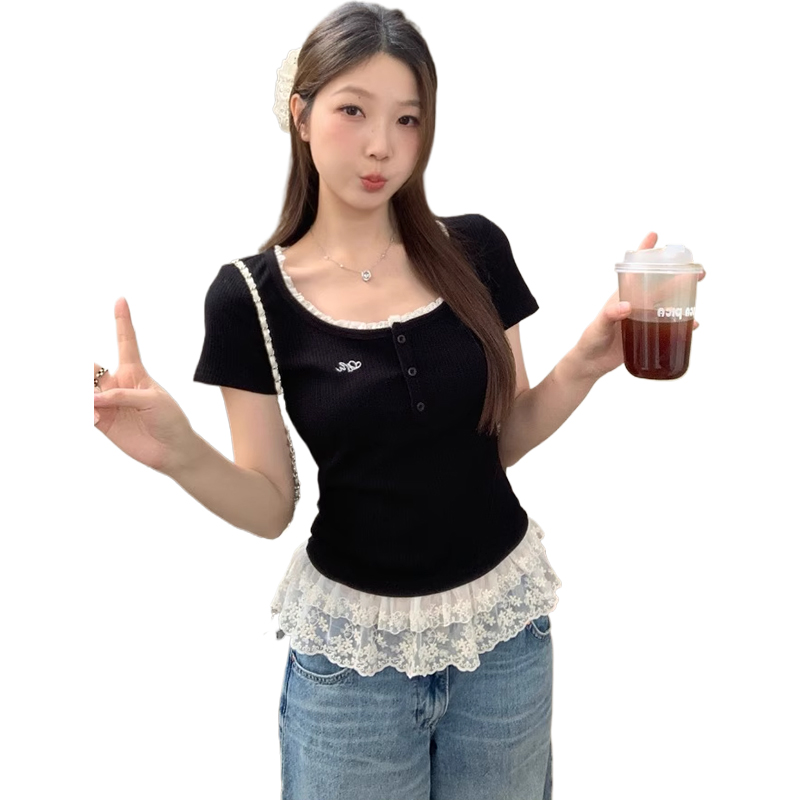 Women's Clothes Sweet Style Lace Lace Round Neck White Short Sleeved T-shirt for Women's Summer Slim Fit Versatile Top