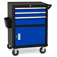 Coffre à outils roulant robuste en acier à 3 tiroirs avec verrou central et roues à frein bleu/noir pour garage et atelier – Commandes OEM