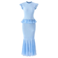 Ensemble élégant et stylé en patchwork avec garniture en tulle plissé, comprenant un haut pull sans manches à col rond et une jupe longue sirène, pour femme, en maille fine et respirante