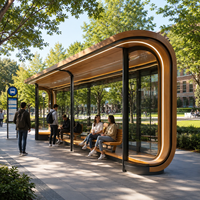 Abri de bus solaire moderne à bande LED incurvée, station d'attente de bus urbain intelligente à grain de bois