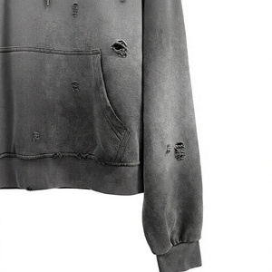 <b>Men</b> Oversized Breathable <b>Zip</b>-<b>Up</b> Hoodie 100% Cotton <b>Fleece</b> Gothic Style Solid Color Distressed Washed Autumn Casual Sweatshirt - Product Image 3