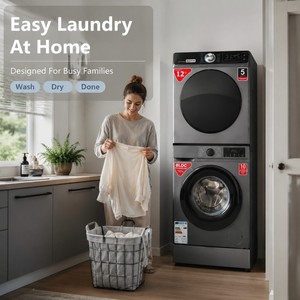 Ensemble <span class=keywords><strong>lave</strong></span>-<span class=keywords><strong>linge</strong></span> <span class=keywords><strong>séchant</strong></span> superposé 12 kg avec moteur BLDC, machine à laver séchante à chargement frontal entièrement automatique, appareil électroménager pour la lessive - Product Image 6