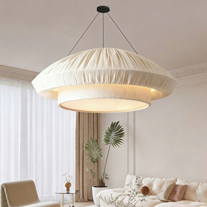 Lustre de style vintage français, 80 cm, 100 cm, luminaire suspendu rond en tissu pour salon, décoration intérieure, éclairage chaud et crémeux - Product Image 4