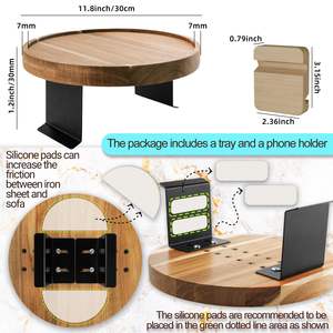 <span class=keywords><strong>Table</strong></span> de canapé en bois d'acacia, plateau de rangement de canapé rond réglable de 11.8 pouces pour le vin, les boissons, les livres et le canapé Trayble pour manger - Product Image 5