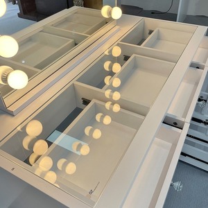 White Glossy Paint Makeup <strong>Vanity</strong> Table <strong>with</strong> LED <strong>Lighted</strong> <strong>Mirror</strong>, Drawers and Shelves for Bedroom Storage - Product Image 6