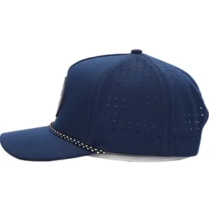 5 Panel Quick Dry Navy Blue Dryfit Mens Hydro Waterproof Performance Laser Holes Polyester Perforated Golf Rope Baseball Hat Cap