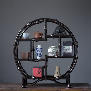 Estante redondo de bambú estilo chino para exhibir juegos de té, decoración antigua para sala de estar u oficina - Product Image 2