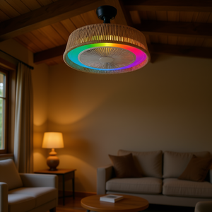 Modern Rustic 21 Inch <b>LED</b> Ceiling Fan <b>Light</b> RGB <b>Mood</b> Woven Rope Design Quiet 6 Speed DC Motor Flush Mount Living Room - Product Image 2