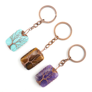 Hot Sale Mini Rectangle Shape Gemstone Tree Life Key Chain Multifunctional DIY Crystal Key Chains Colorful Mini Key Chain