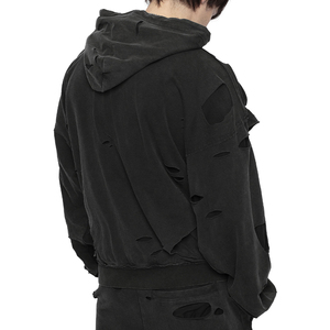 Sweat-shirt à capuche zippé vintage délavé 100 % coton KingSen personnalisé avec trous, coupe oversize, pour homme, style streetwear - Product Image 5