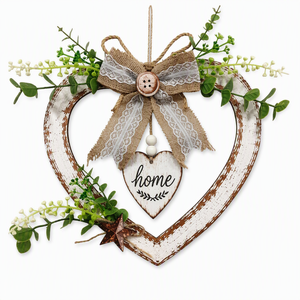 Ghirlanda a Cuore in Legno Bianco Invecchiato, Fiocco in Tela Rustico <span class=keywords><strong>da</strong></span> Appendere, Decorazione per la Casa, Ingrosso OEM, Arte Murale in Legno - Product Image 1