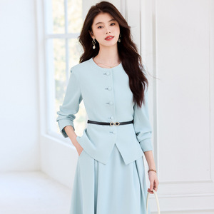 Women's Suit Set Light Blue Two Piece Midi Skirt Satin No Wrinkle Treatment Casual Wear - Product Image 1