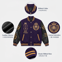 Veste de baseball personnalisée avec logo brodé, en coton violet, polyester, polaire, manches en simili cuir, streetwear, veste d'équipe