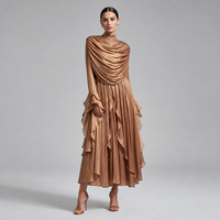 Robe de soirée plissée en cuivre métallisé pour femme, col bénitier, manches à volants, col montant, manches longues, robe longue modeste, vente en gros, nouveauté