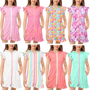 Trajes de Baño para Niñas, con Cremallera y Capucha, Manga Voladora, Traje de Baño para Niños, Tela de Rizo, Cintura Elástica con Bolsillos - Product Image 1