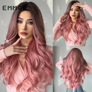 Wig Cosplay Tuhuan, wig sintetis tahan panas merah muda Ombre panjang berombak 26 inci untuk pesta sehari-hari