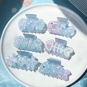 Novo Clipe de Cabelo Artesanal Série Oceano com Design de Tubarão, Estrela-do-mar, Concha, Golfinho e Espinha de Peixe, Azul Degradê, Acessório de Cabelo Casual - Product Image 3