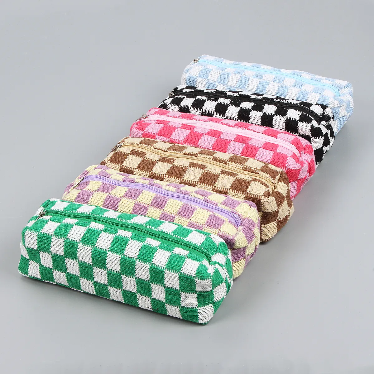 Student Checkered Pen Bag College Mädchen Bleistifte tui Niedliche karierte quadratische Form Gestrickte Bleistift beutel Tube Pencil Case Briefpapier Tasche