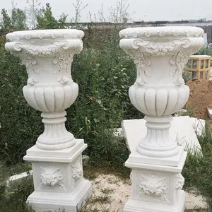 BLVE Decorativo Outdoor Mão Esculpida Natural Stone Garden Flowerpot Grande Vasos De Flores De Mármore Branco Plantador Atacado