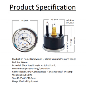 Trở lại kết nối với u-kẹp bảng điều chỉnh gắn kết quay số 40mm-30 inhg/ -100 kPa kép quy mô chân không đo áp suất áp kế - Product Image 5