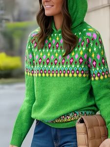 Suéter con Capucha Elegante y Bonito para Mujer, Invierno |   Suaves Mangas Abullonadas Vintage con Bordado Floral en Bloques de Color Degradado - Product Image 2