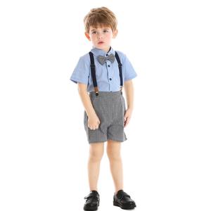 夏季秋季儿童男童纯色休闲套装短袖衬衫背带裤绅士男童服装套装 - Product Image 6