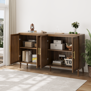 Credenza in noce da 63 pollici con 4 ante a griglia, mobile contenitore a righe per soggiorno e cucina - Product Image 4