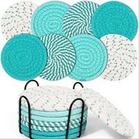 Sous-verres ronds en corde de coton tressée à la main, série turquoise, motifs variés, pour la décoration de la maison et de la cuisine (vente en gros)